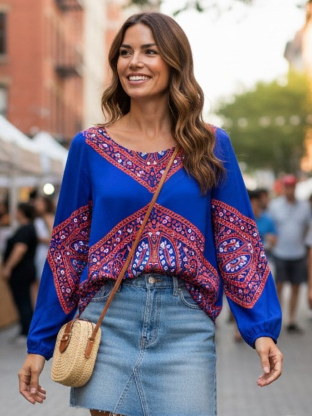Ella Moss Anthropologie Cobalt Coral Paisley Print Boho Long Sleeve Rayon Top S